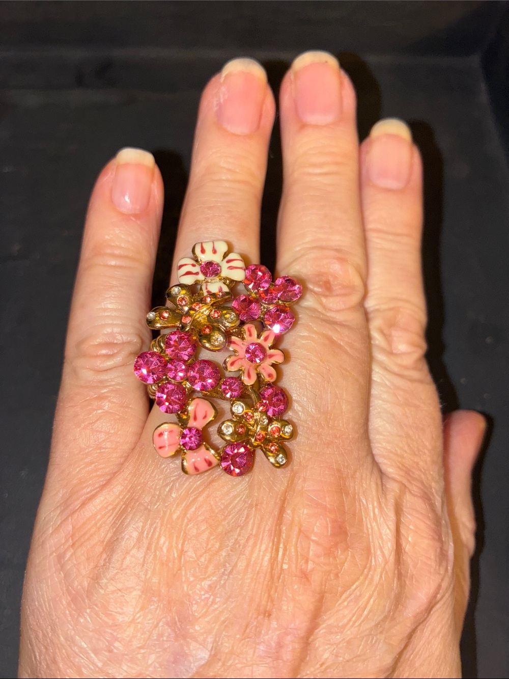 Pink Floral Crystal Cocktail Stretch Ring
